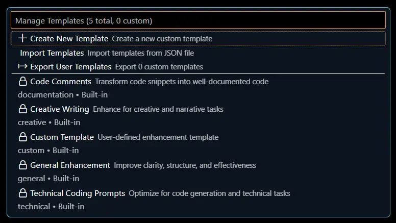 AI template management showing options to create, import, and export templates, plus built-in templates for code, writing, and coding prompts.
