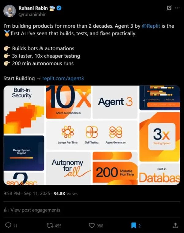 Tweet promoting Replit Agent 3 AI: builds bots, 3x faster testing, 200 min autonomous runs. "Built-in Security" and "Autonomy for all" are highlighted.
