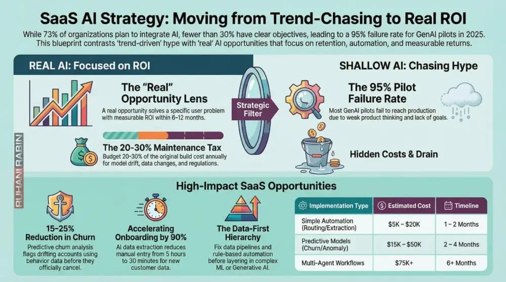 SaaS AI strategy contrasts Real AI opportunities for ROI with Shallow AI hype. Includes implementation costs and timelines.
