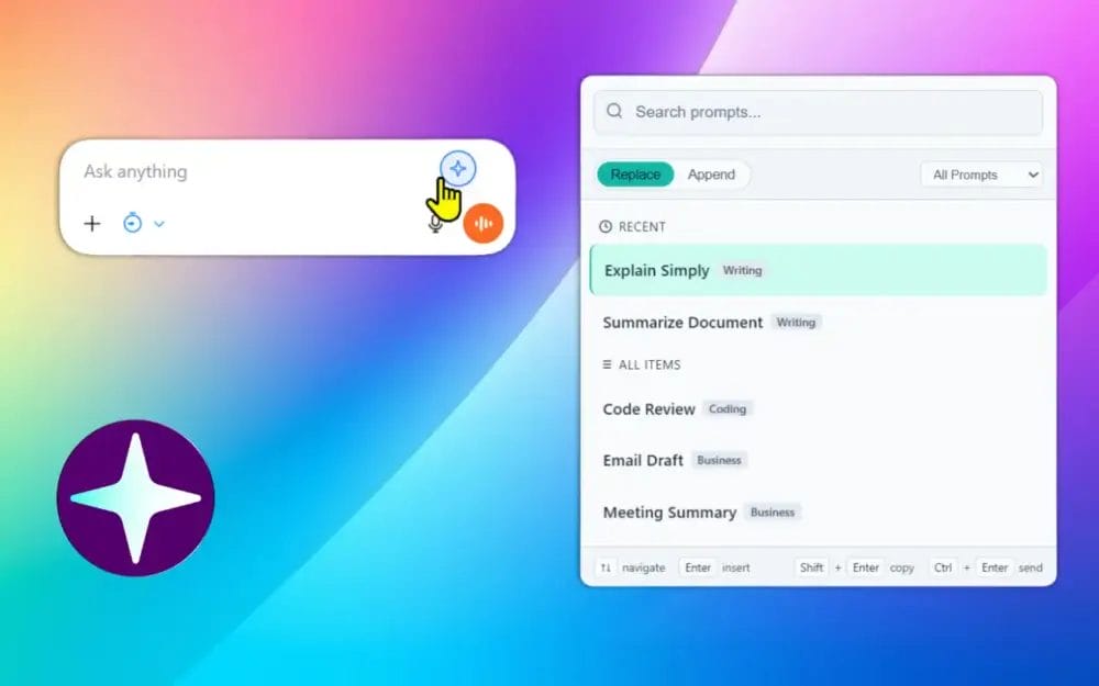 AI prompt interface with prompt suggestions: Explain Simply, Summarize Document, Code Review, Email Draft, Meeting Summary.