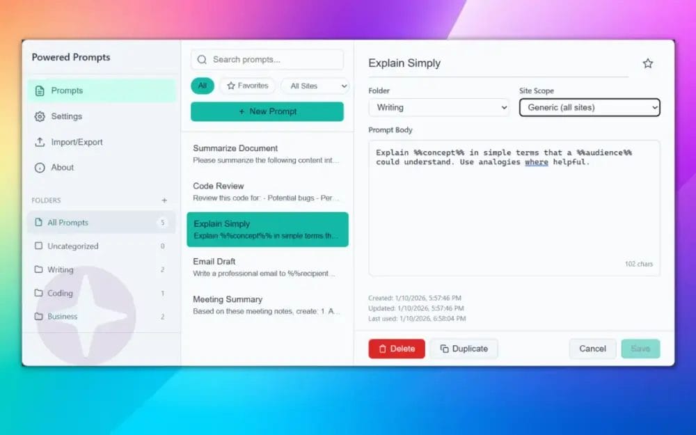 Screenshot of a 'Powered Prompts' app interface, showing prompt customization for writing, coding, and business tasks.