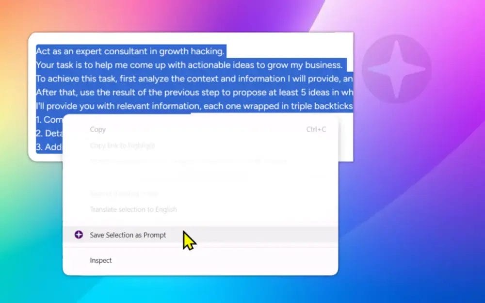 AI tool showing "Save Selection as Prompt" option, indicating how to save text for future use.