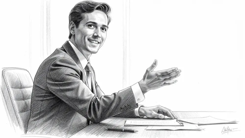 Sketch of a confident businessman at a desk, gesturing while discussing SaaS UI performance.