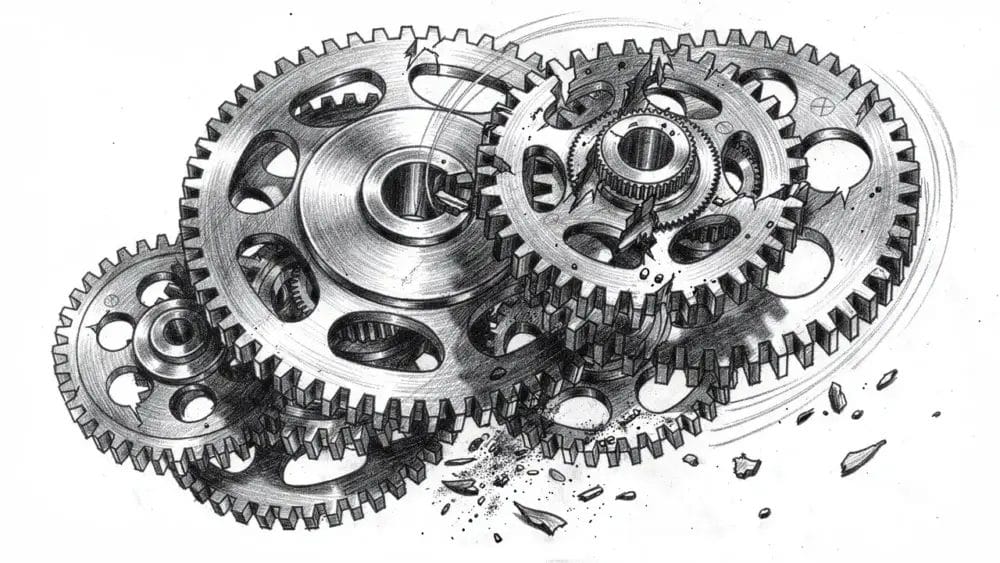 Broken gears illustration symbolizing UX friction points in SaaS products.