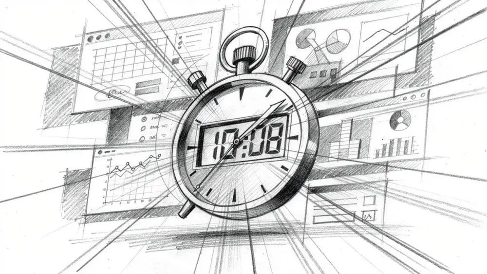 Stopwatch showing 10:08 with data dashboards, illustrating SaaS UI performance and time sensitivity.