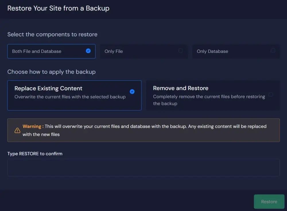 WordPress site restore options: Both file and database, replace existing content, requiring "RESTORE" confirmation.