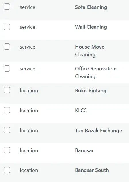 Cleaning service options: Sofa, wall, move, renovation