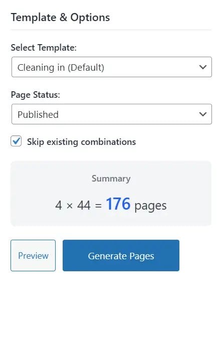 Page generation options for cleaning template