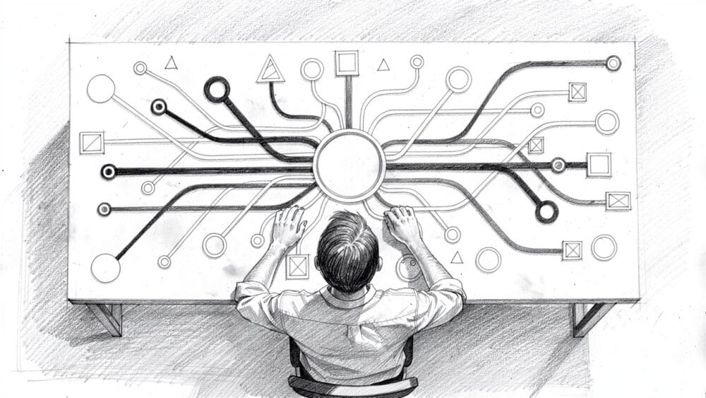 Person at table with complex diagram